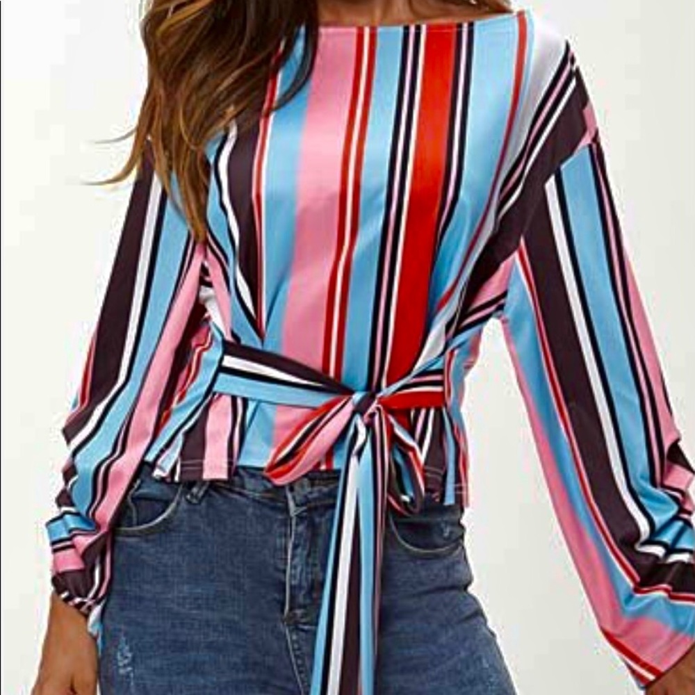 Maison Mascallier Blue & pink tie waist boat neck
